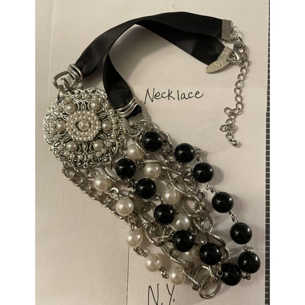 New York & Co Black Satin Ribbon Faux Pearl Multi Strand Statement Bib Necklace